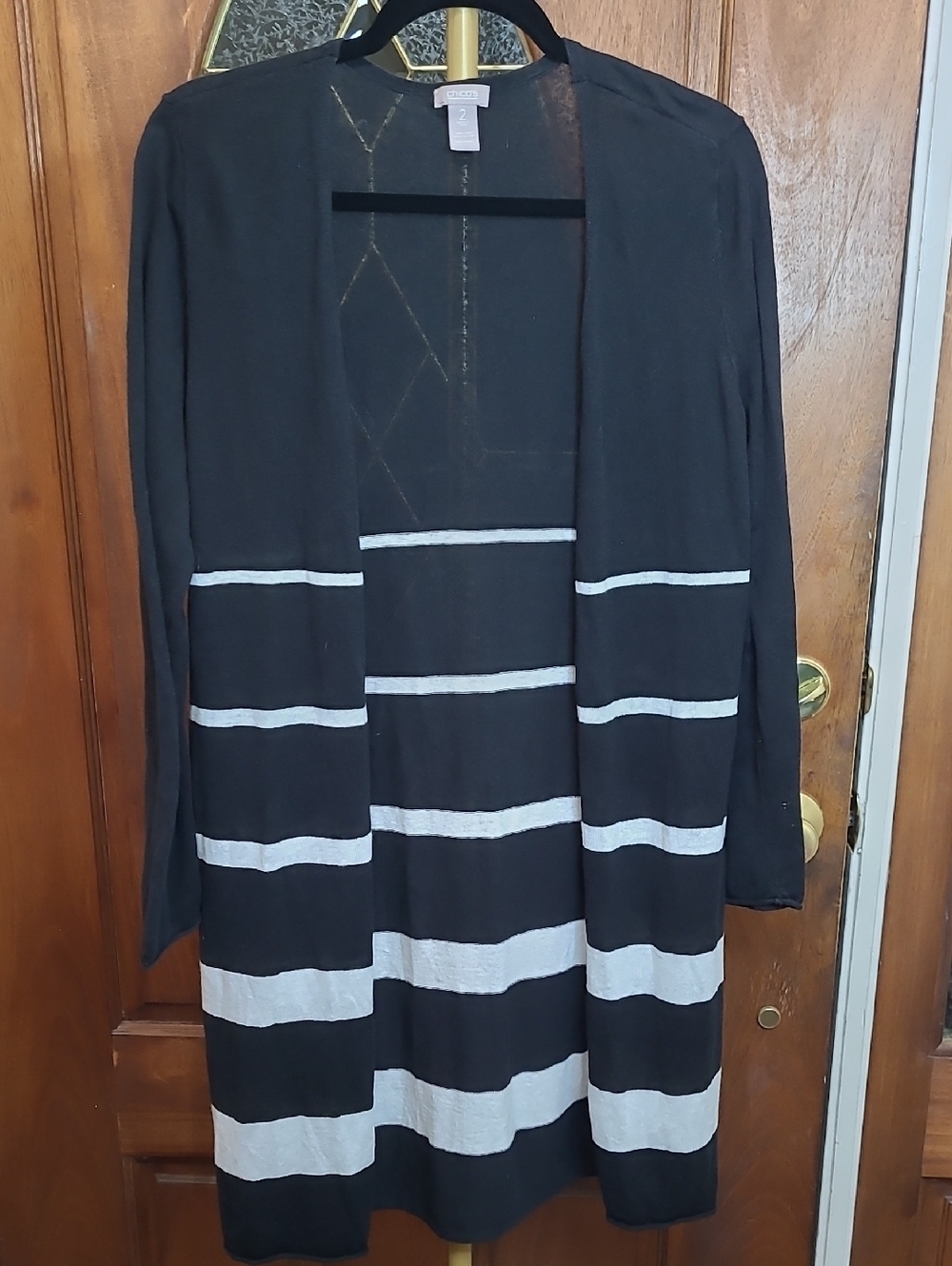 Chico's Black & White Striped Open-Front Lightweight Cardigan size 2 (Large)
